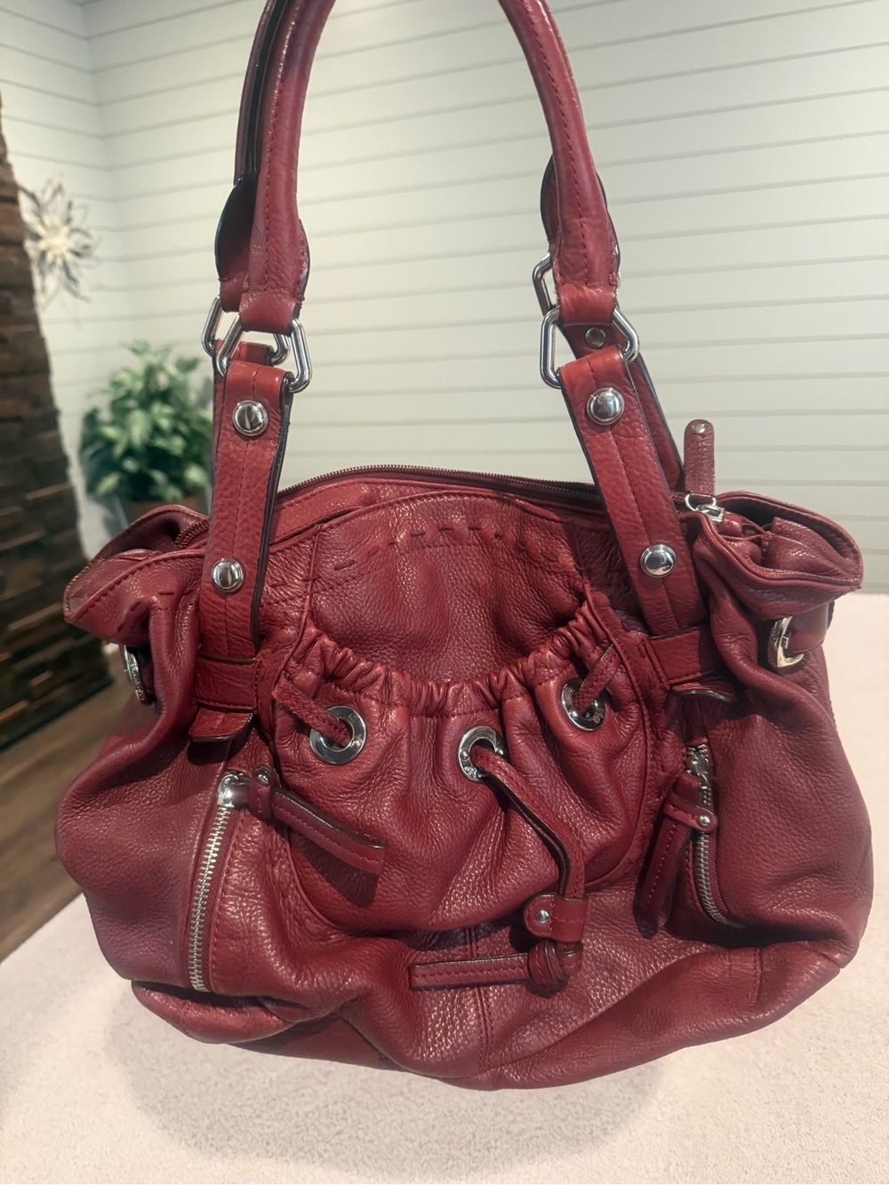 Bob Makowsky Burgundy Leather Gathered Drawstring Shoulder Bag